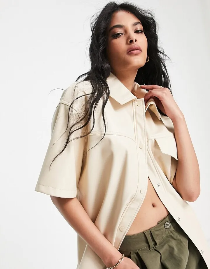 Topshop faux leather short sleeve shirt in off white