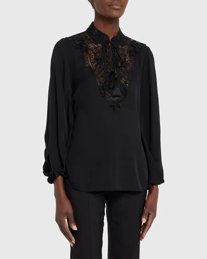 Lori Beaded Lace-Yoke Blouson-Sleeve Blouse