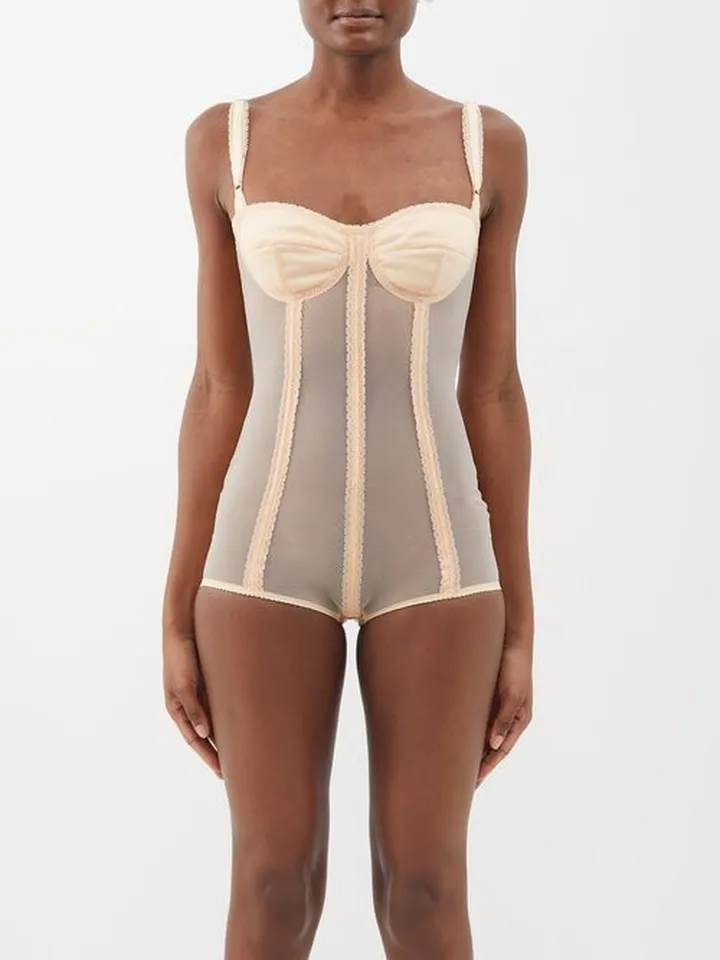 Lace-trim Underwired Tulle Bodysuit