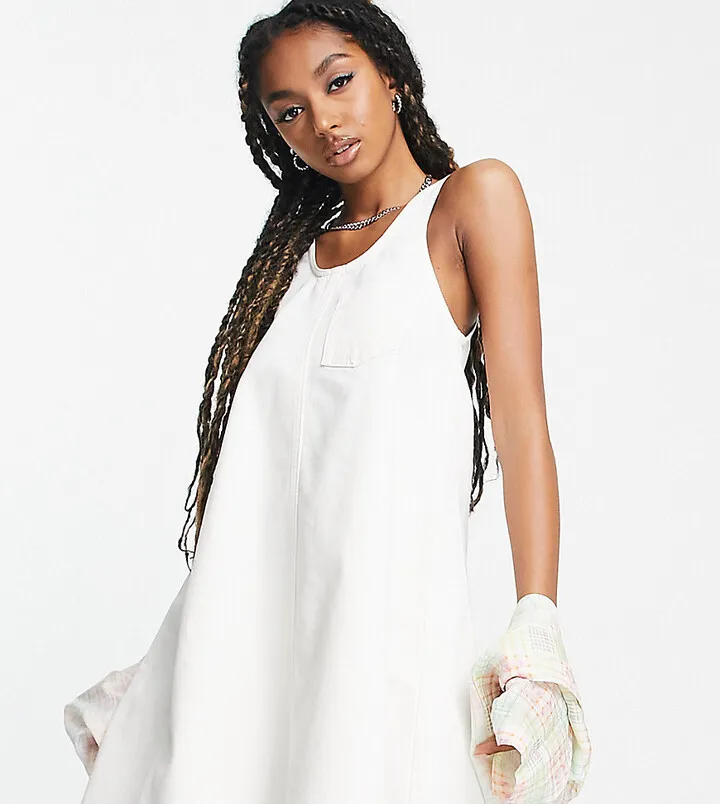 COLLUSION denim mini swing dress in white