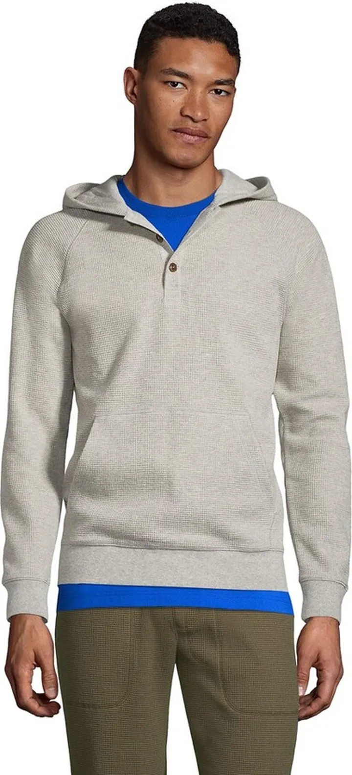 Lands' End Men's Long Sleeve Waffle Henley Hoodie - Medium - Gray Heather