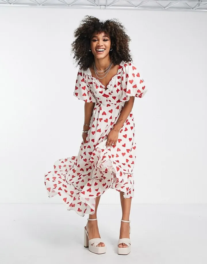 Sister Jane puff sleeve maxi dress with sweetheart neckline in heart print