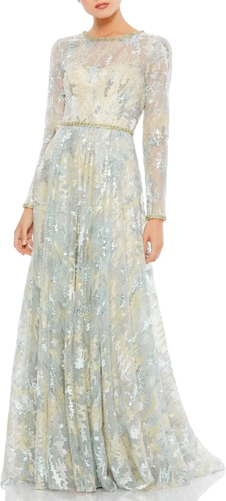 Long Sleeve Embellished Mesh Gown