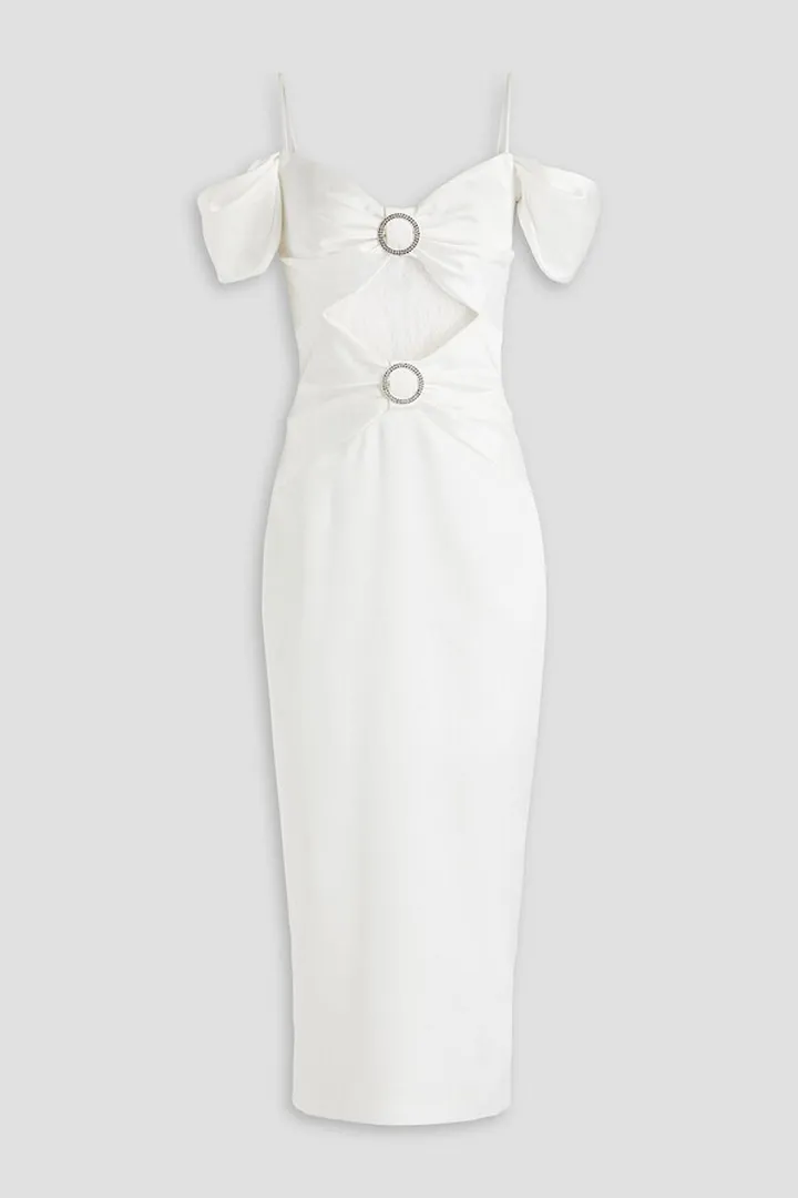 Cold-shoulder gathered lace-paneled satin midi dress