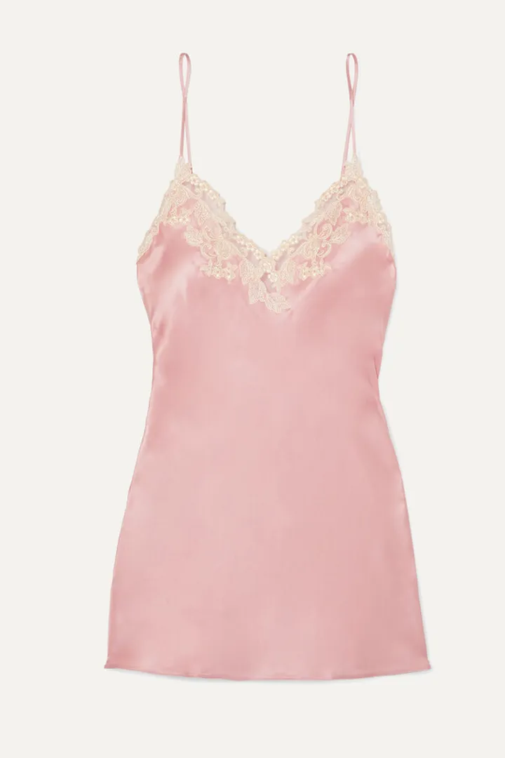 La Perla - Maison Embroidered Lace-trimmed Silk-blend Satin Chemise - Pink