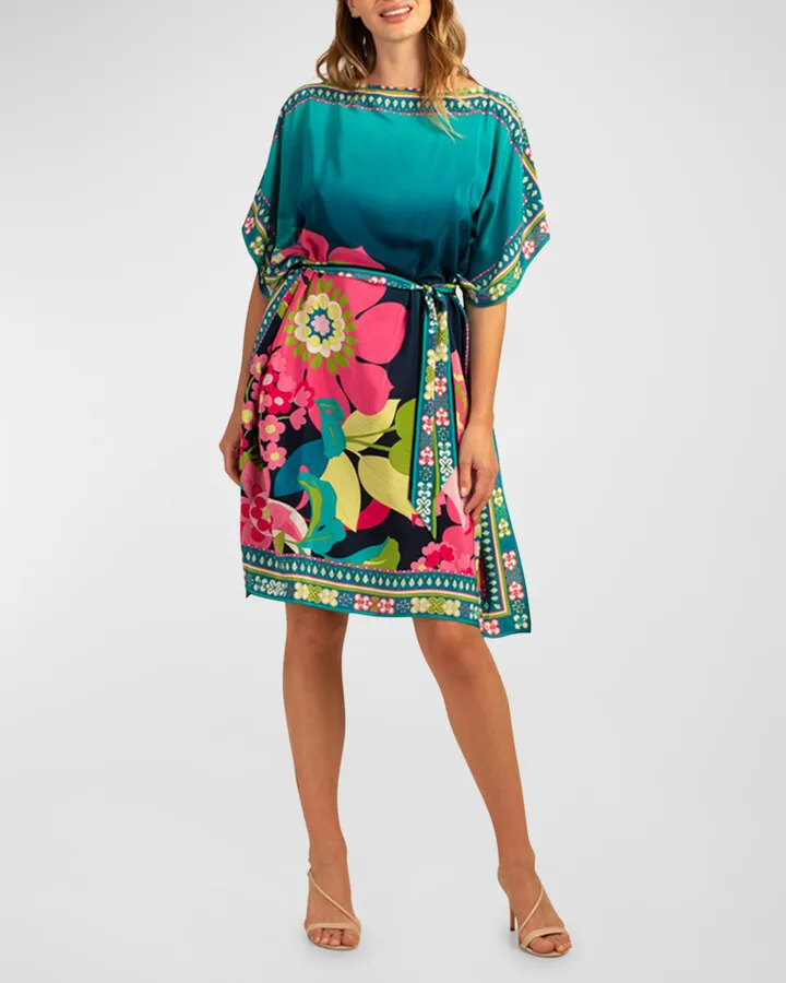 Theodora Belted Floral-Print Caftan Dress