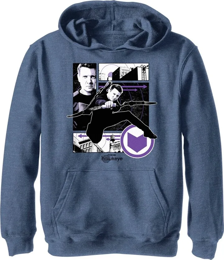 Boy's Marvel Hawkeye Graphic Panel Icon Pull Over Hoodie - Navy Blue Heather - Small