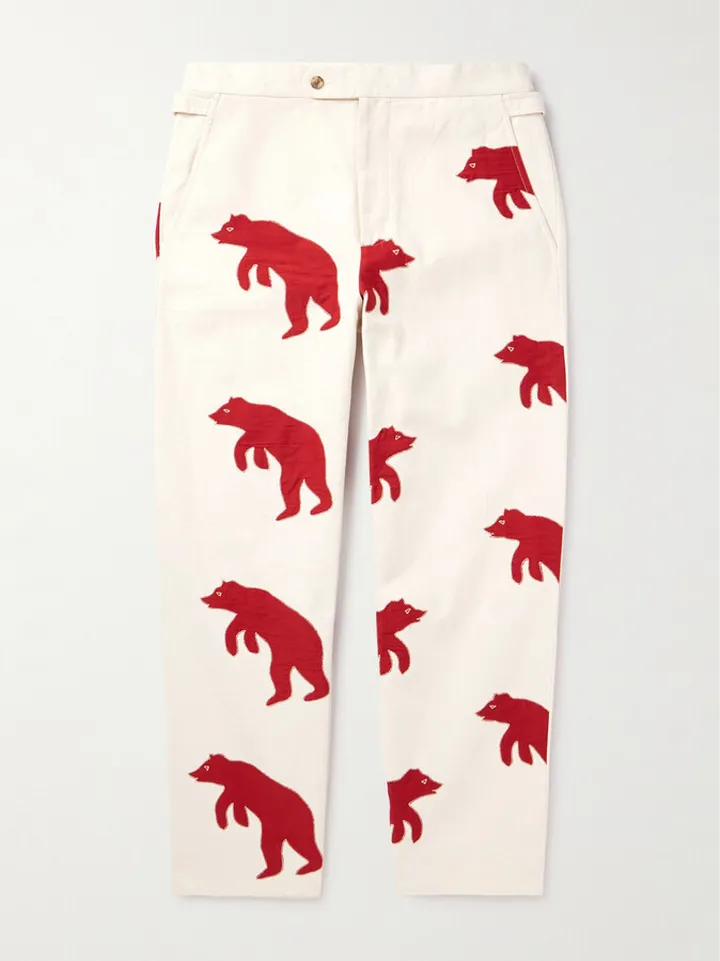 Bear Appliquéd Straight-Leg Cotton-Canvas Trousers
