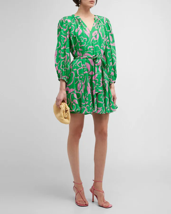 Kiki Short Tie-Belt Printed Cotton Dress
