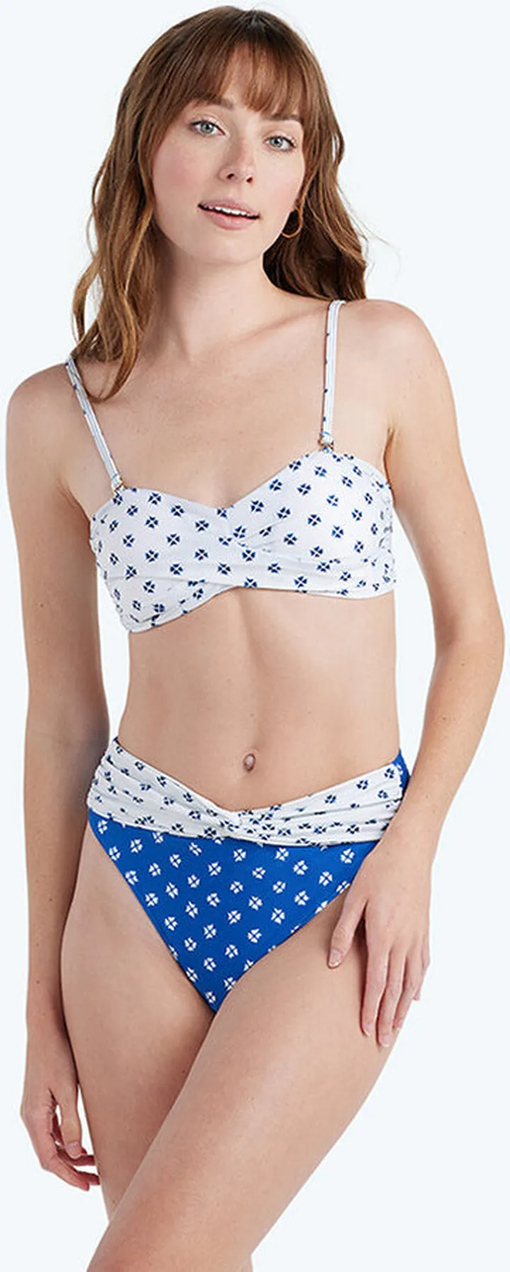 The Twist Bandeau Bikini Top - Block Print in White Sand & Indigo