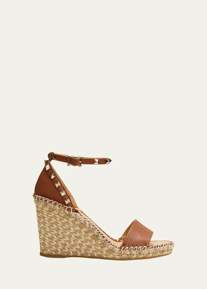Rockstud Calfskin Wedge Espadrille Sandals