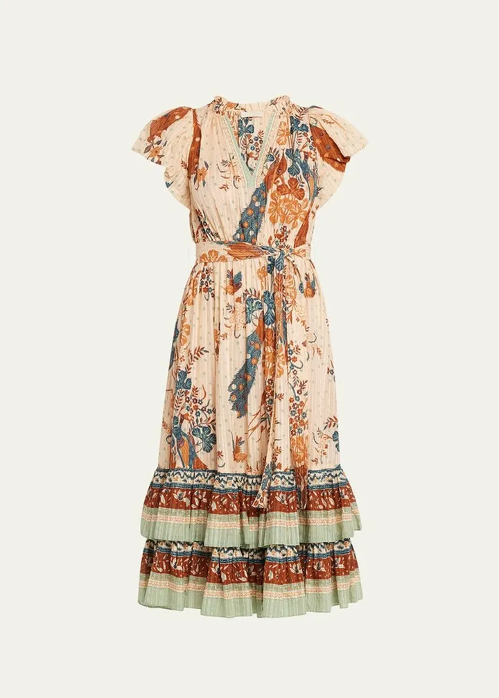 Remi Tie-Belt Printed Midi Poplin Dress