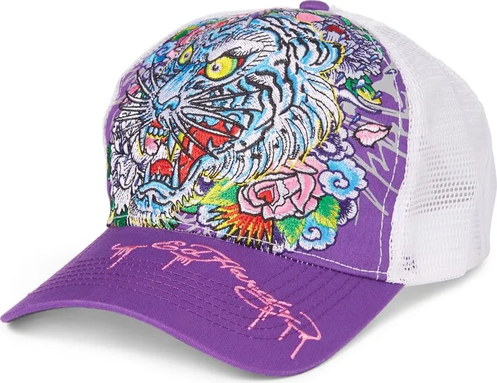 Ed Hardy Men's Throwback Embroidered Floral Tiger Trucker Hat