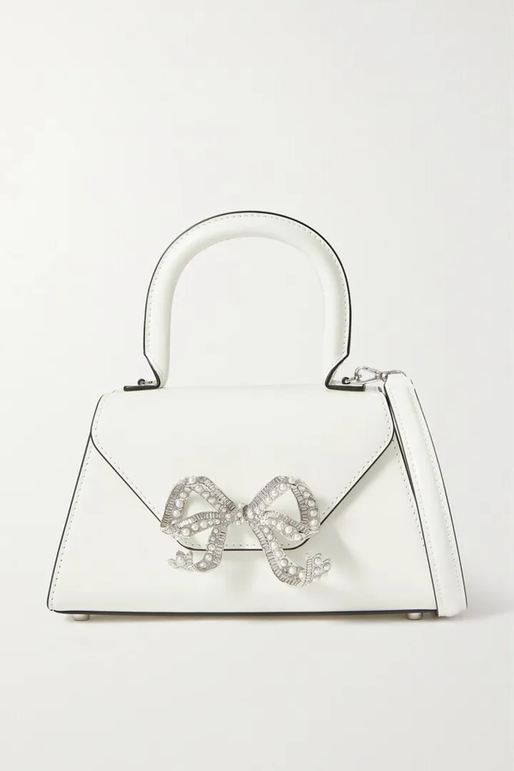 Self-Portrait - Bow-detailed Embellished Leather Shoulder Bag - White