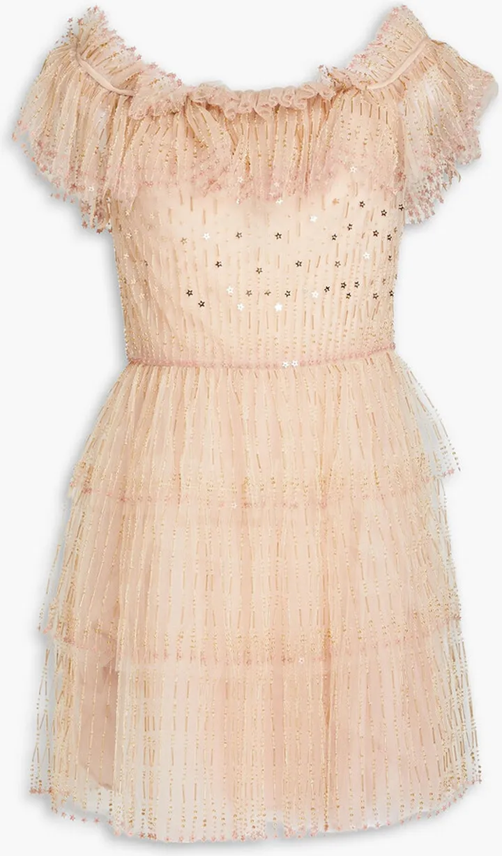 Embellished ruffled tulle mini dress
