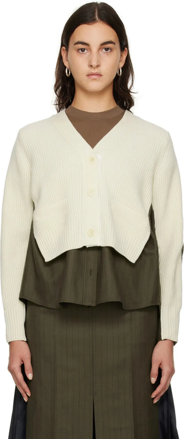sacai Off-White & Khaki Paneled Cardigan