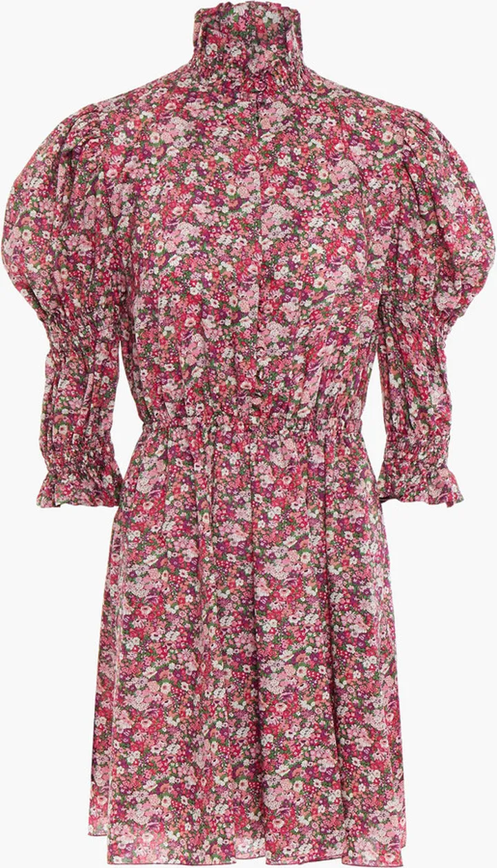 Gathered floral-print cotton-voile mini dress