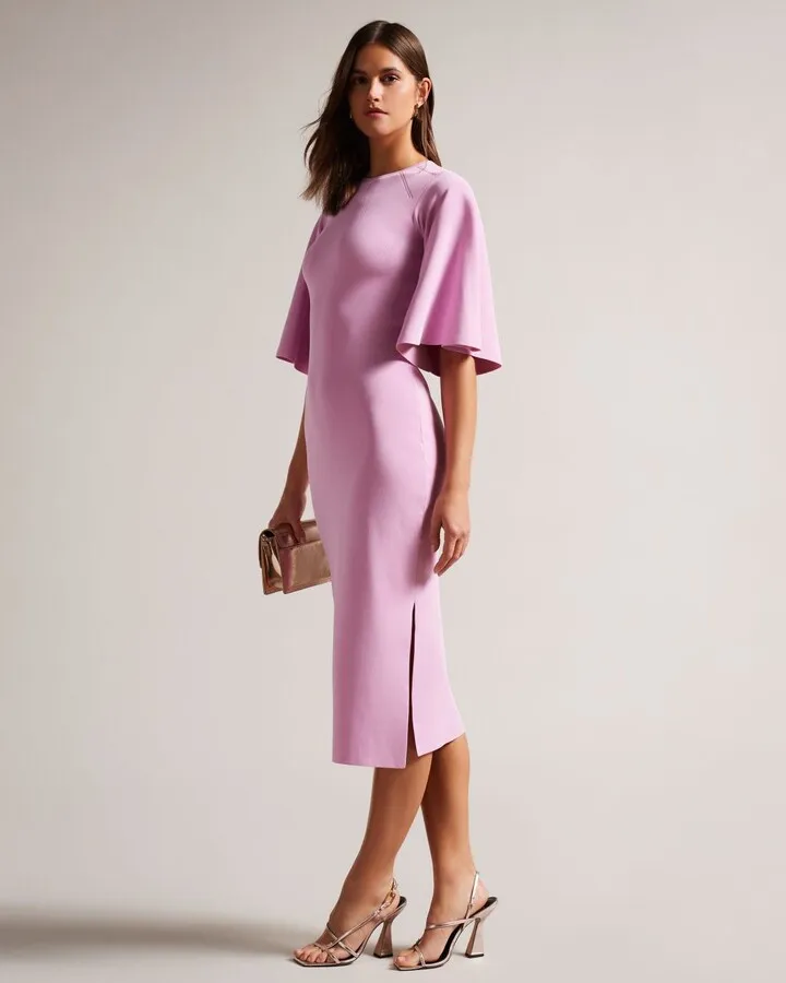 Fluted Sleeve Knitted Bodycon Midi Dress in Lilac