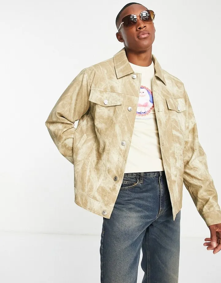 Topman distressed faux leather western jacket in stone