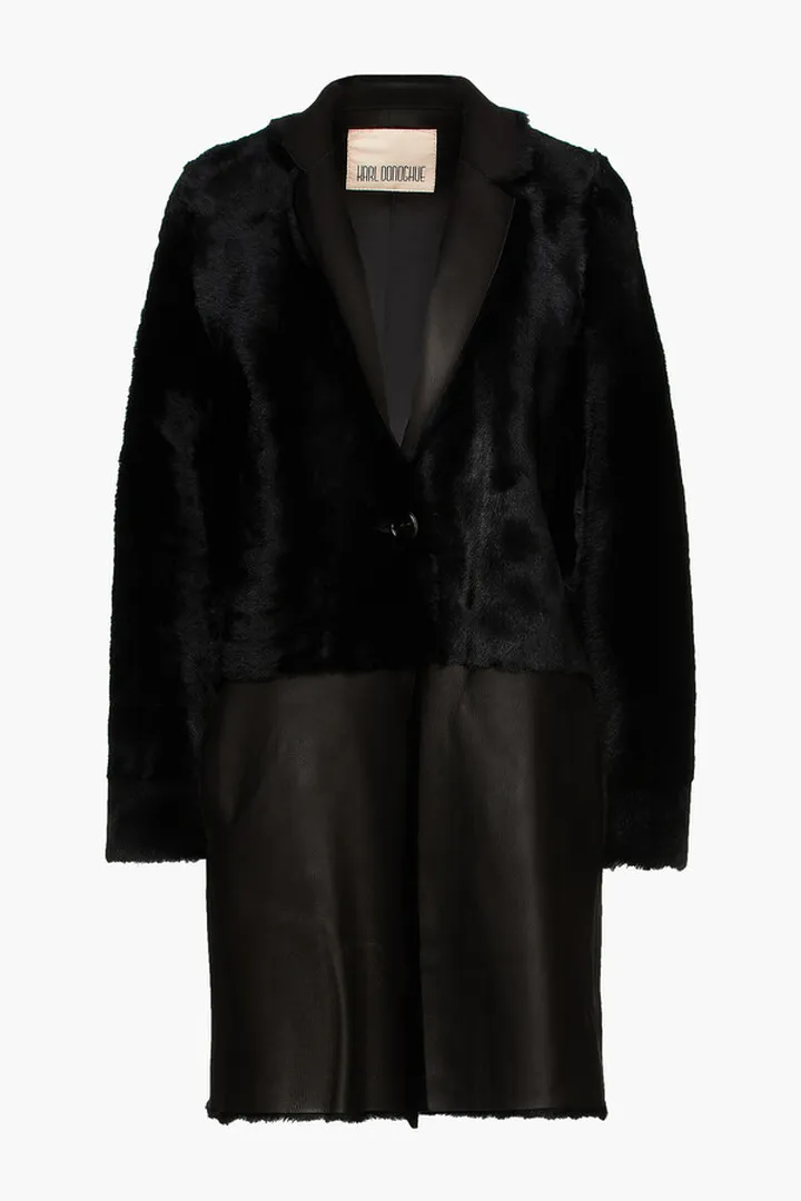 Paneled shearling and leather coat