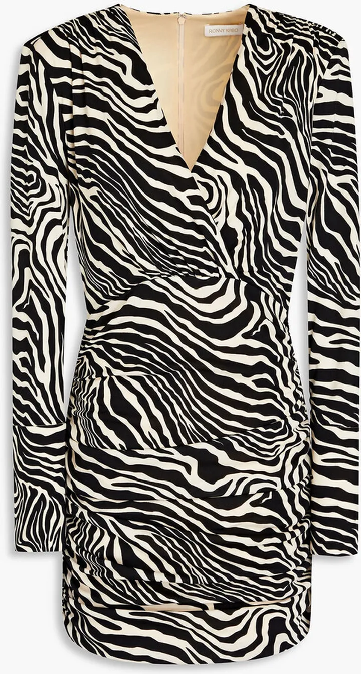 Mariana wrap-effect ruched zebra-print jersey mini dress