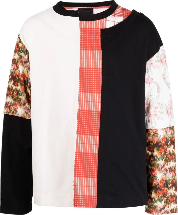 patchwork long-sleeve cotton T-shirt