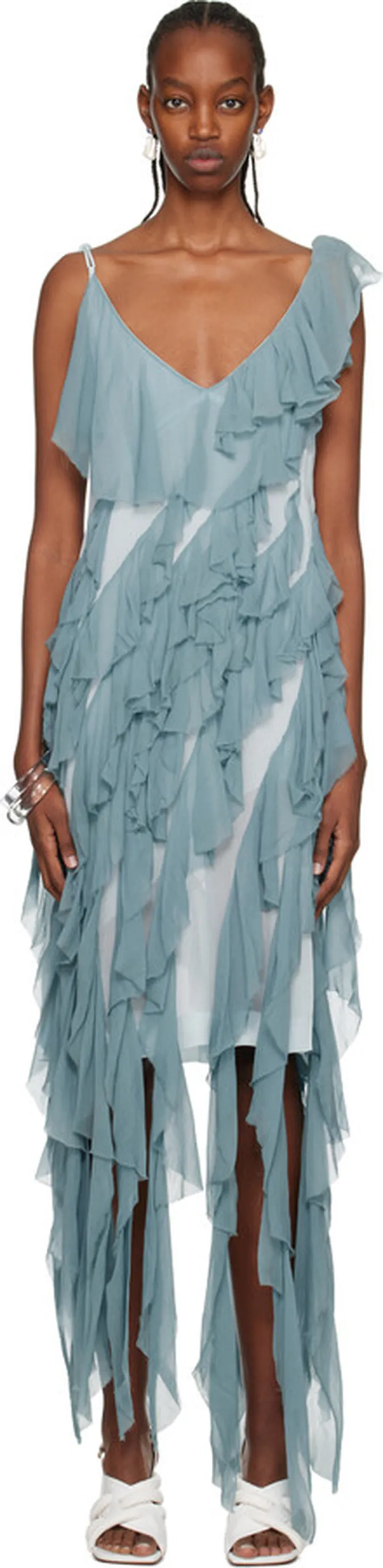 Dries Van Noten Blue Ruffled Midi Dress