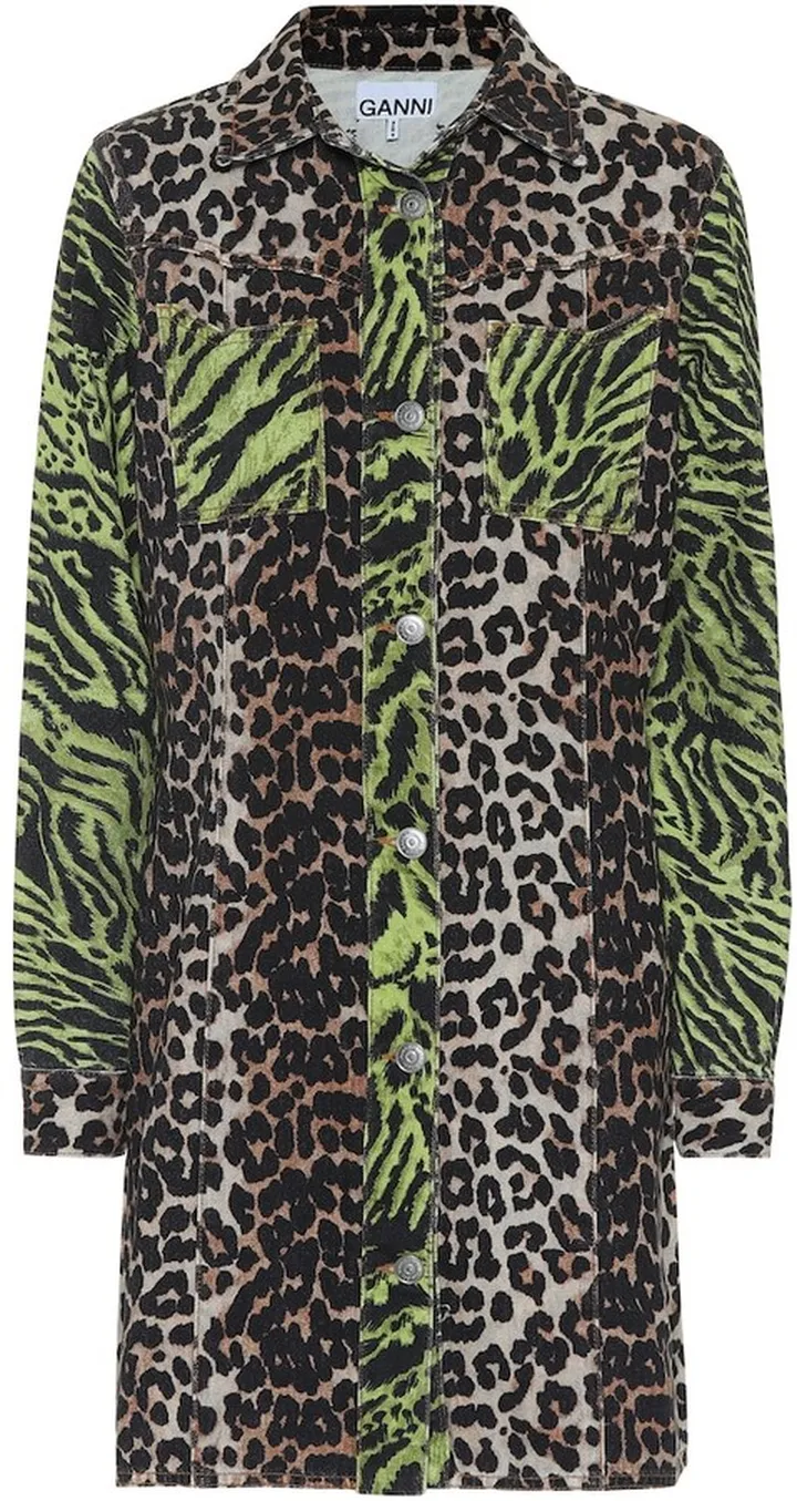 Leopard-print denim shirt dress