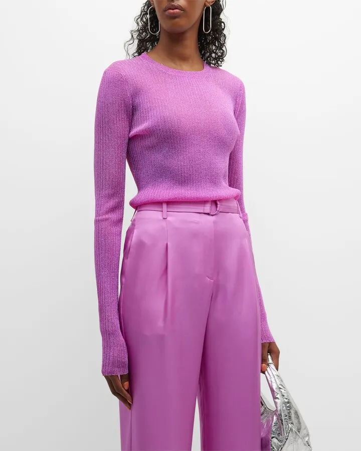Metallic Rib Knit Long-Sleeve Top