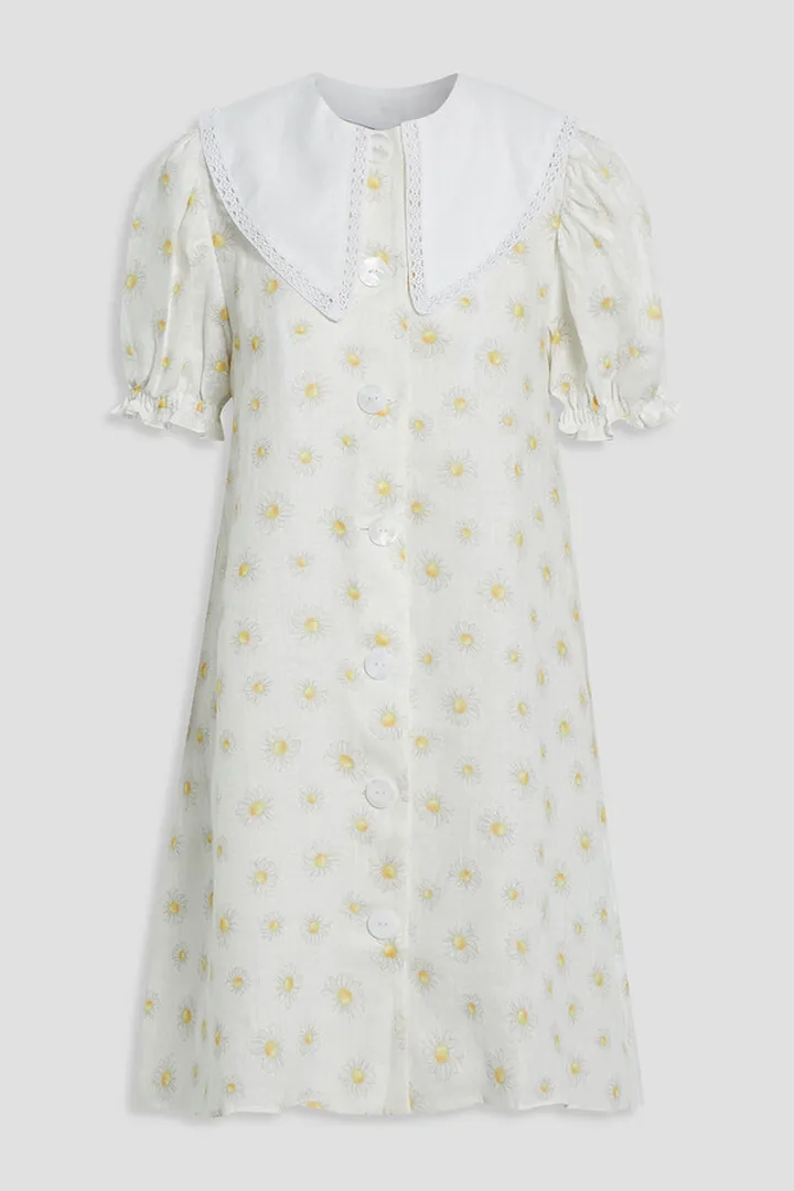 Marie lace-trimmed printed linen mini dress