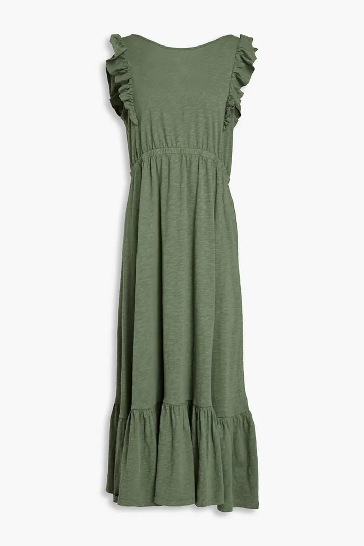 Open-back ruffle-trimmed slub cotton-jersey midi dress