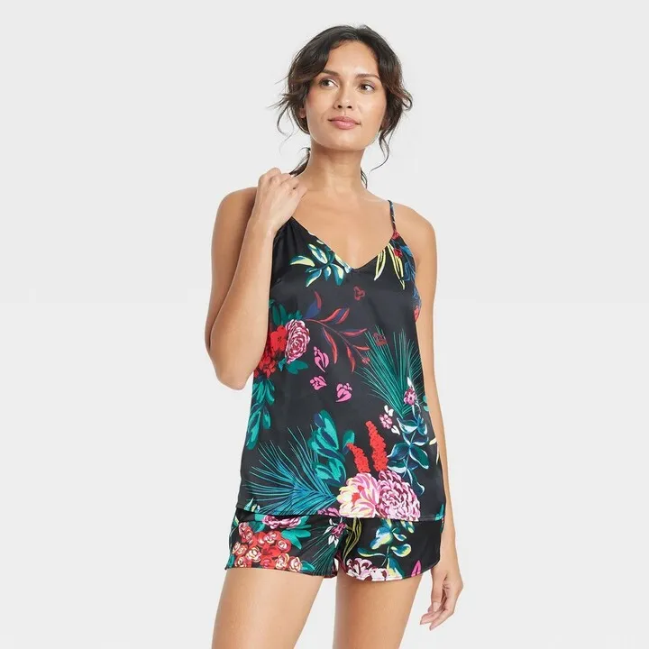 Women's Floral Print Satin Pajama Cami - Stars Above™ Black S