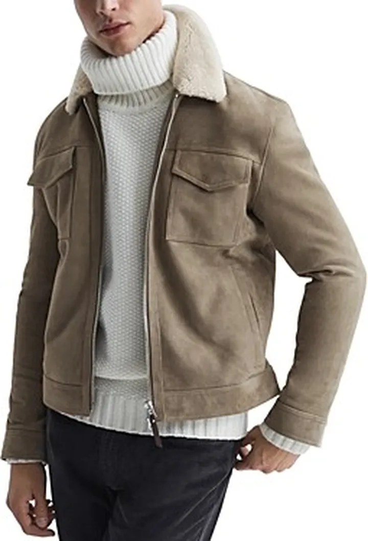 Reiss Hibiscus Suede Shearling Collar Jacket
