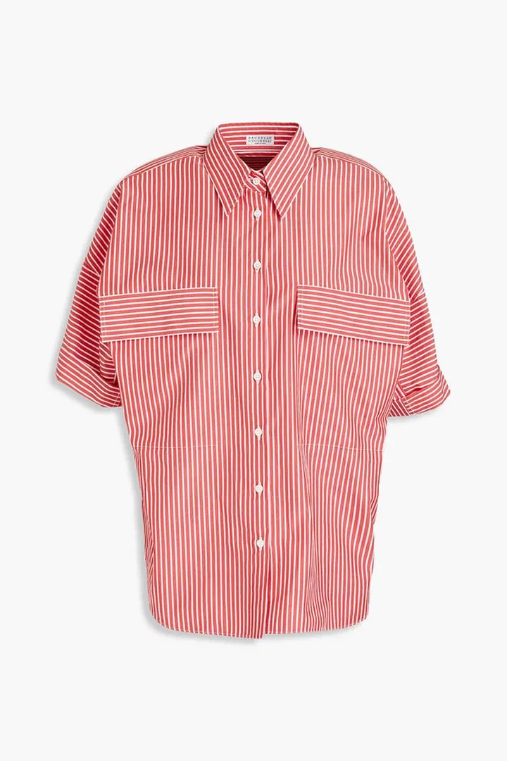 Bead-embellished striped cotton-poplin shirt