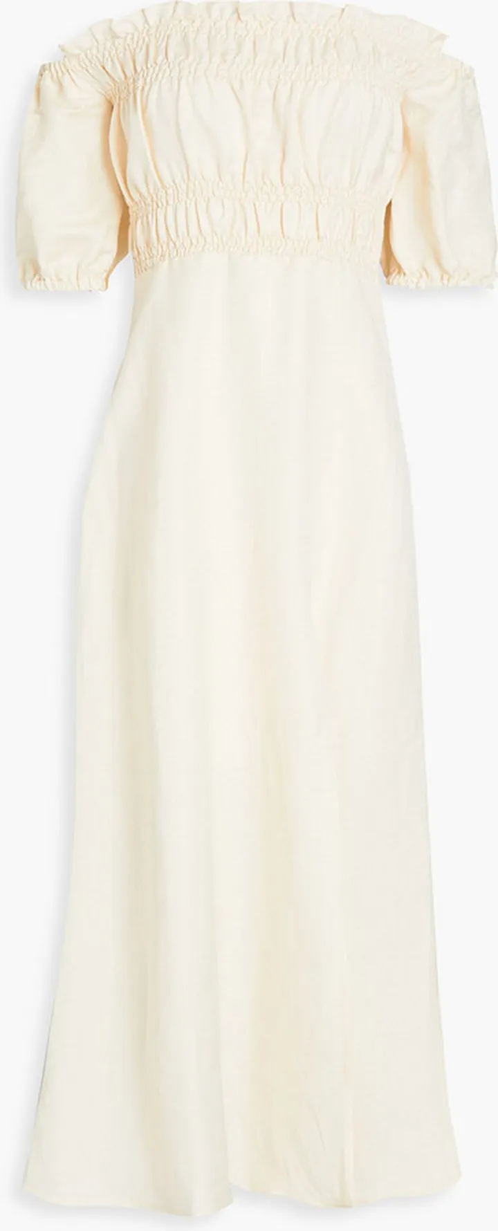 Louise off-the-shoulder gathered linen-blend midi dress