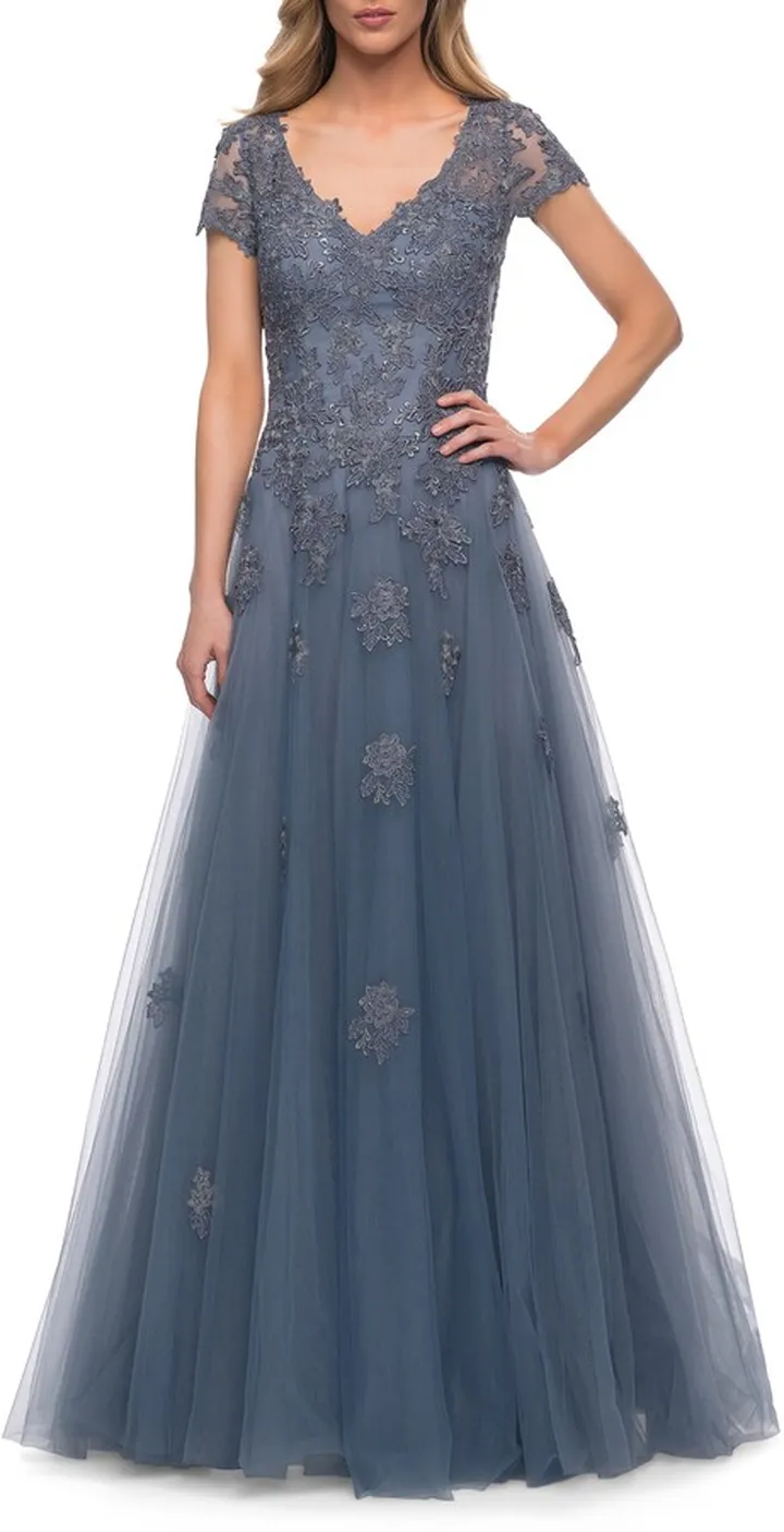 Floral Appliqué Tulle A-Line Gown