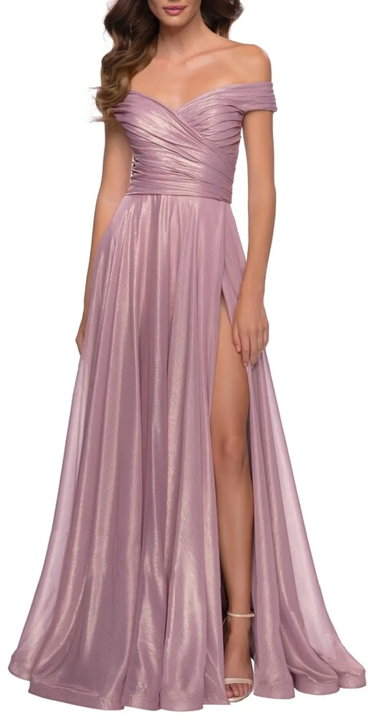 Iridescent Off the Shoulder Chiffon Gown