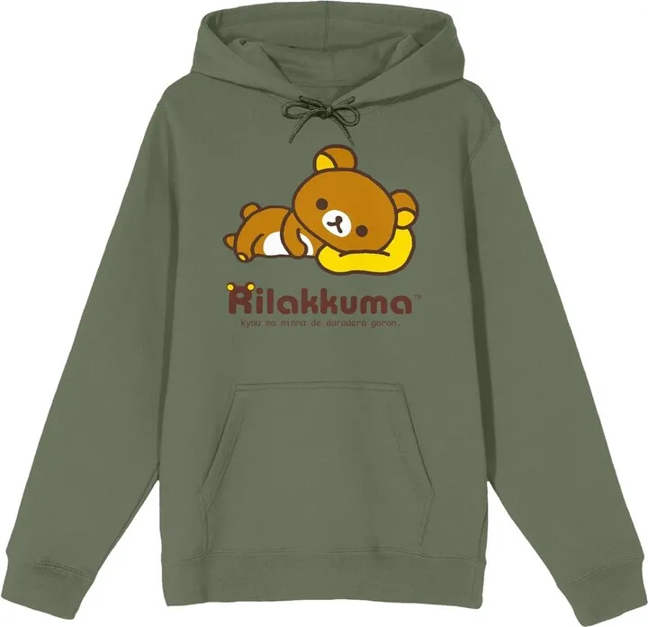 Rilakkuma Brown Bear Lying On A Pillow Long Sleeve Olive Adult Hooded Sweatshirt-Small