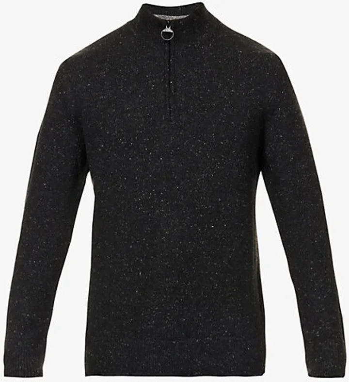 Mens Black Half-zip Regular-fit Wool-blend Jumper