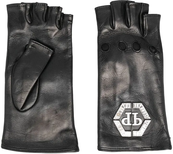 Crystal-Embellished Leather Driver Gloves