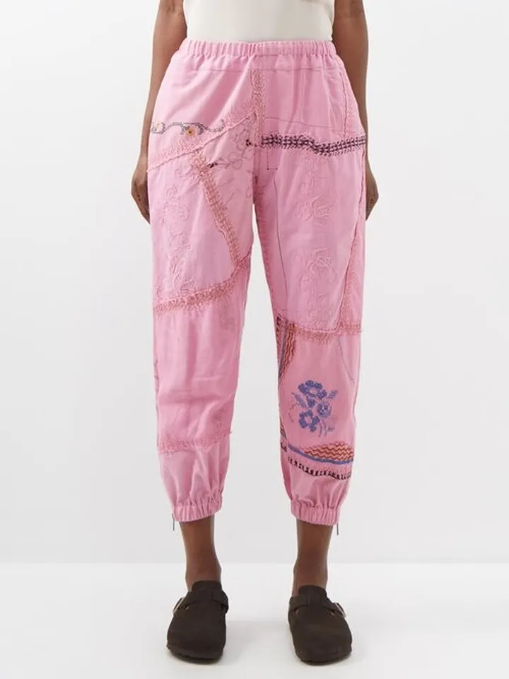 Upcycled Floral-embroidered Linen Cropped Trousers