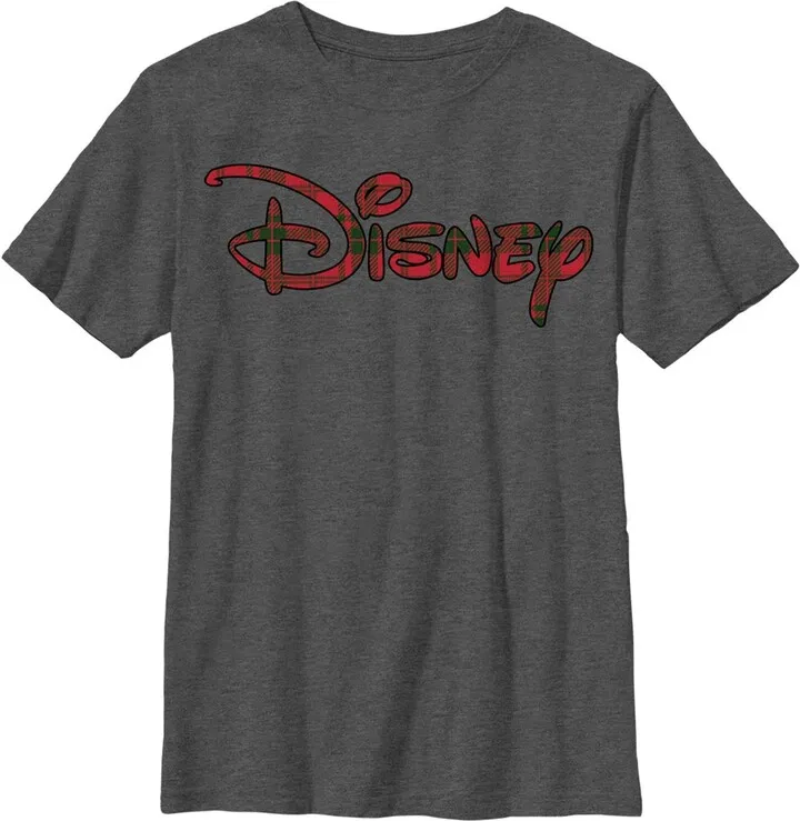 Boy's Disney Red and Green Plaid Logo T-Shirt - Charcoal Heather - Medium