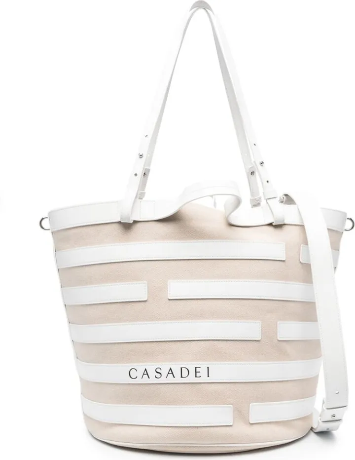 Stripe-Pattern Leather Tote Bag