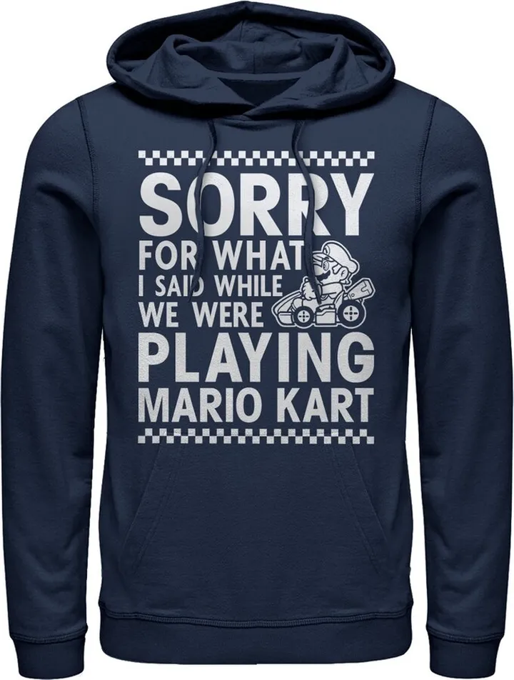 Men's Nintendo Sorry For What I Said Playing Mario Kart Pull Over Hoodie - Navy Blue - Large