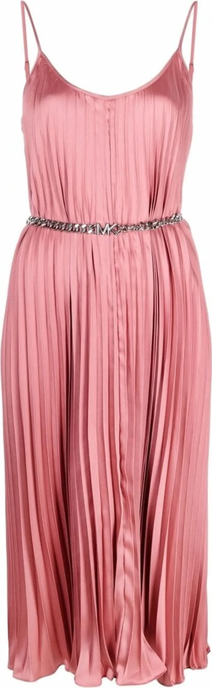 Logo-Belt Pleated Satin Midi Dress