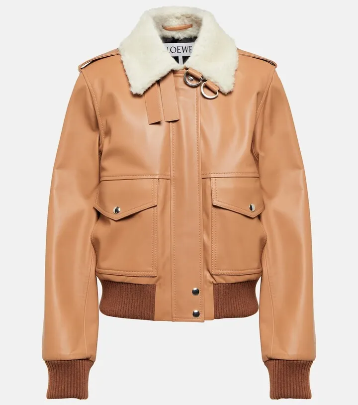 Shearling-collar leather bomber jacket