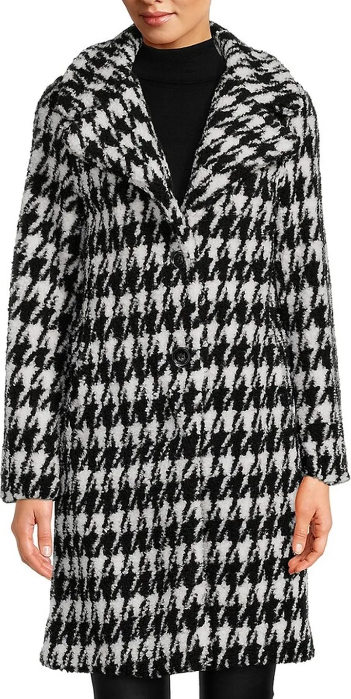 Brit Houndstooth Faux Fur Coat