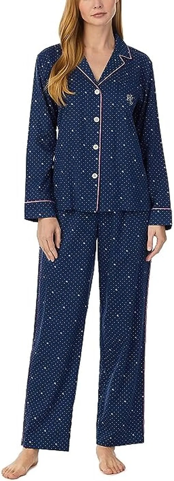 LAUREN Ralph Lauren Sateen Notch PJ Set (Navy Dot) Women's Pajama Sets