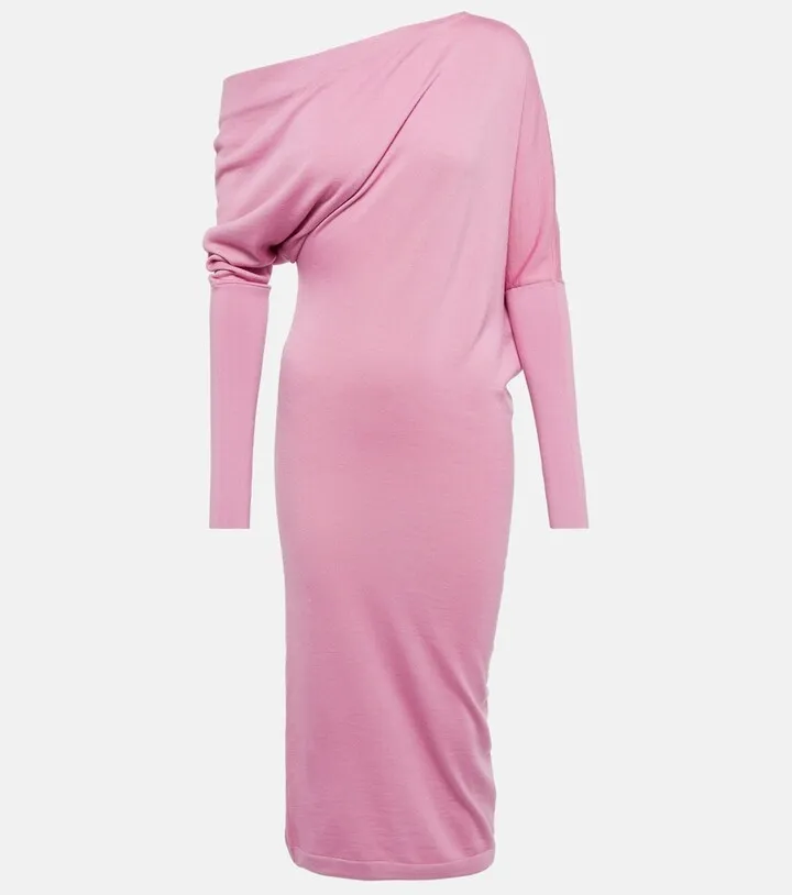 One-shoulder cashmere and silk midi dress