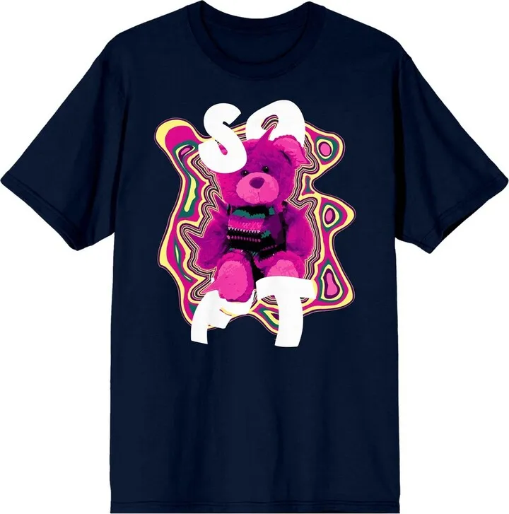 Teddy Drip Groovy Vibes Pink Bear Men’s Navy Blue Short Sleeve Crew Neck Tee-XXL